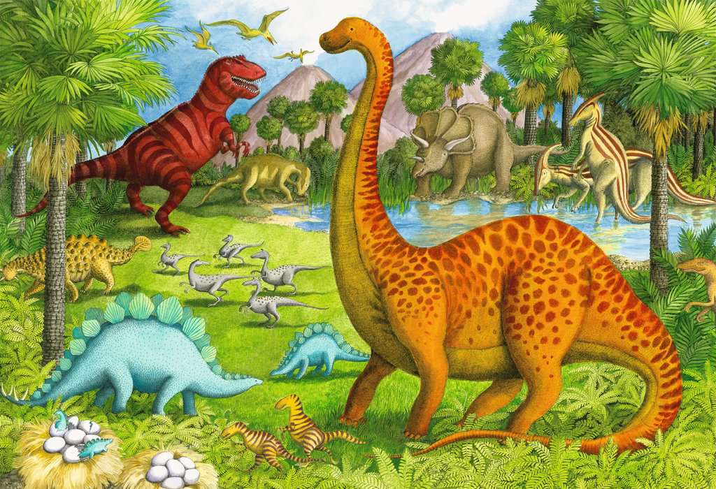 the puzzle art showing various colorful smiling dinosaurs