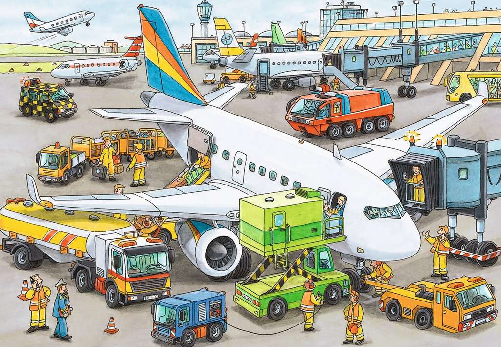 the puzzle art showing an airport with jets, vehicles, trucks, and people