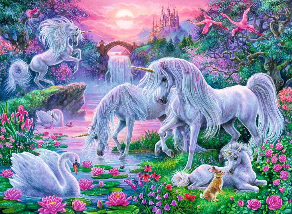 the puzzle art showing various unicorns in a forest settings with a castle in the background