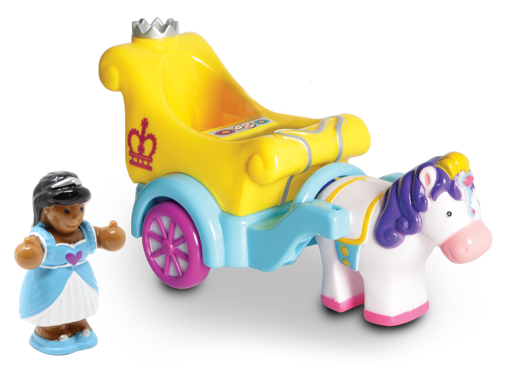 the white horse attached to a yellow and light blue carriage with the phoebe princess figure