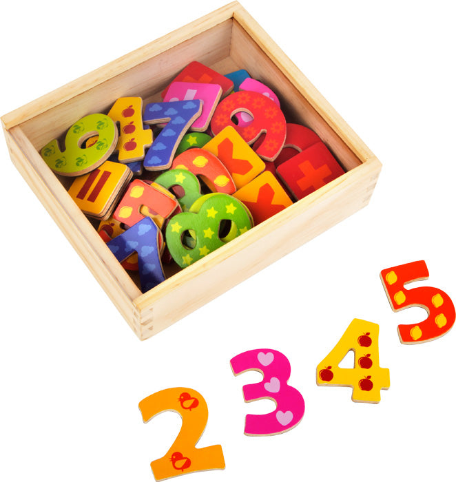 the wooden box with colorful numbers by it