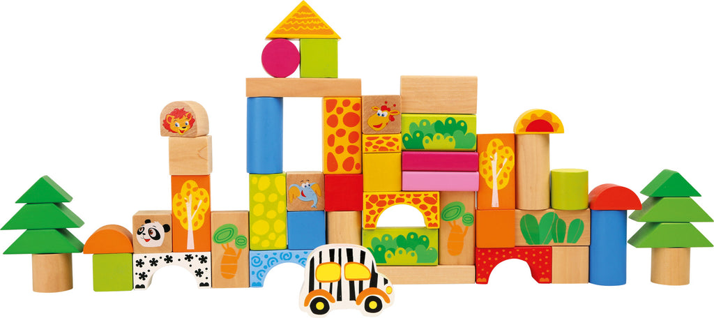 colorful zoo themed wooden blocks stacked up