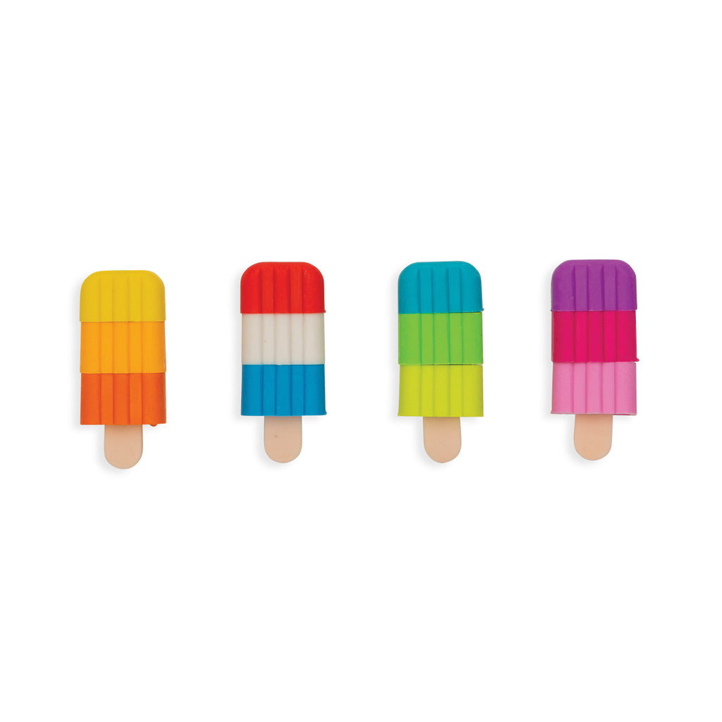 four segmented erasers that look like multicolored popsicles