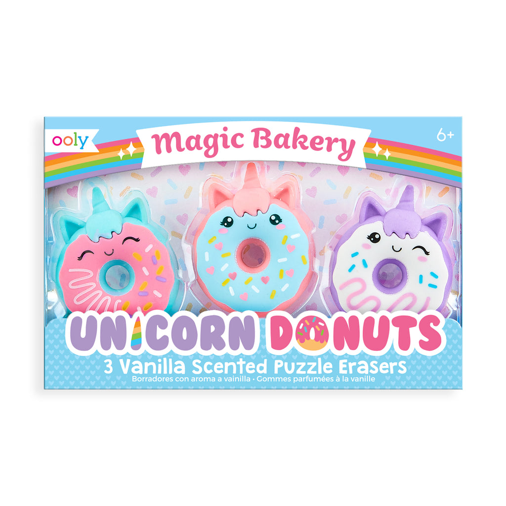 the package showing three multicolored erasers that look like donuts with unicorn faces