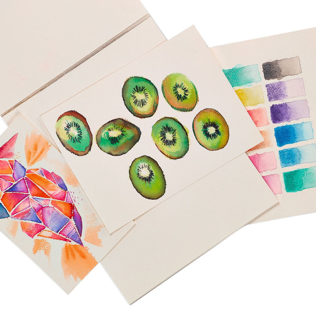 sheets showing watercolored kiwi fruit, patterns, and color swatches