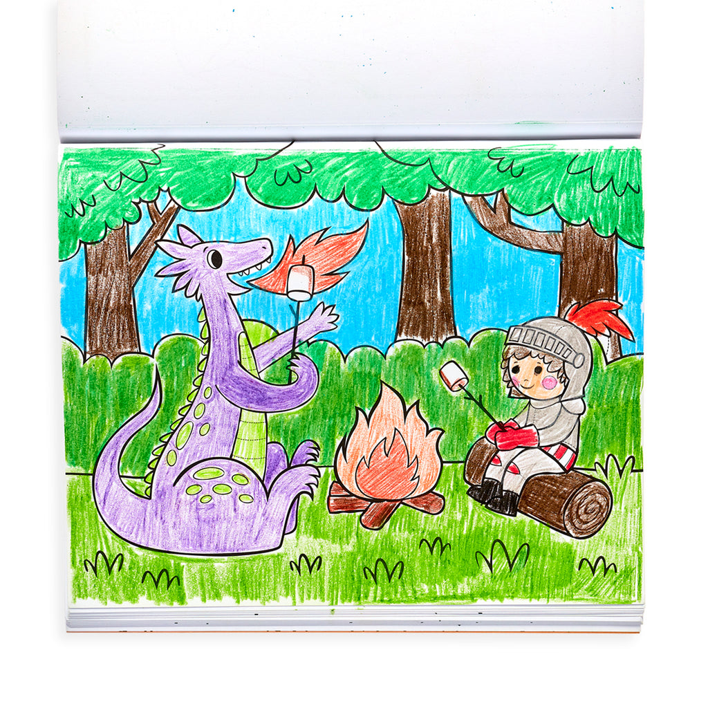 a page colored in showing a dragon and a knight roasting marshmellows