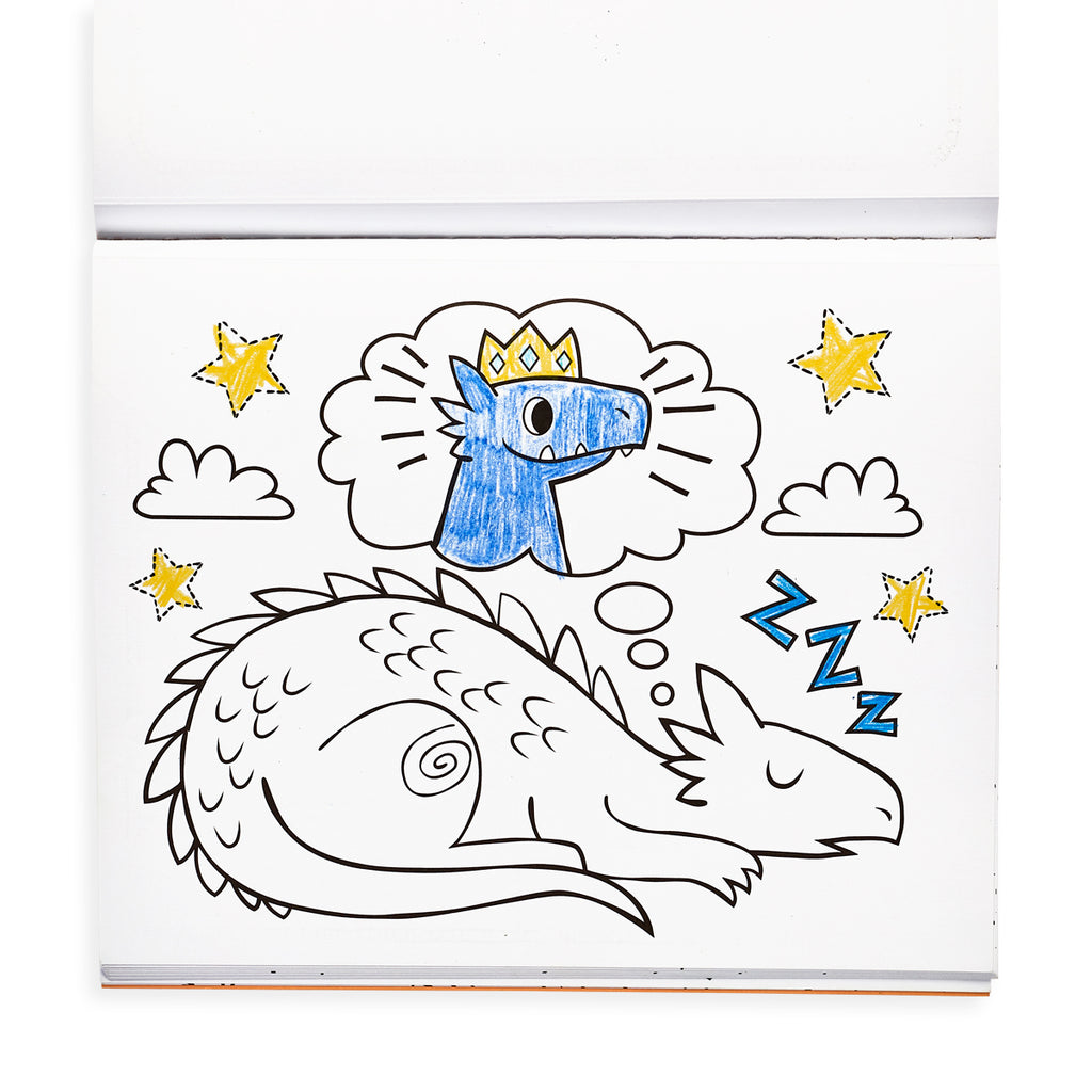 a partially colored in page showing a sleeping dragon