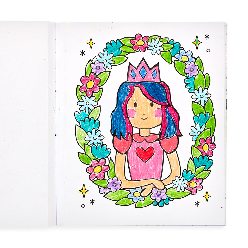 a colored in page of a princess surrounded by a wreath