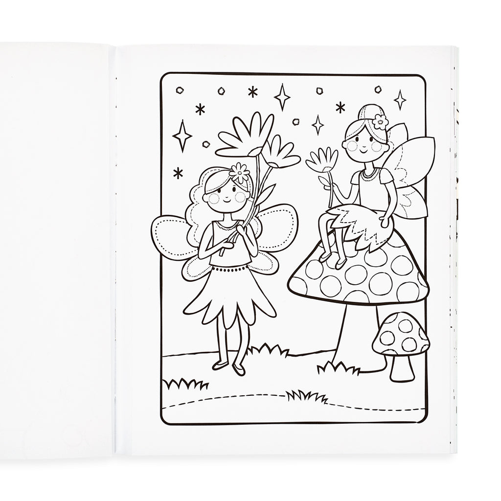 a page showing a couple of fairies holding flowers and sitting on mushrooms