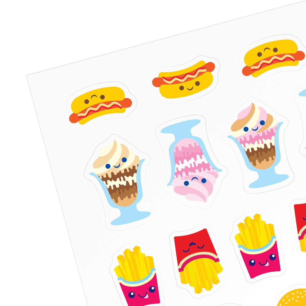 a close up on the hot dog, ice cream, and french fry stickers