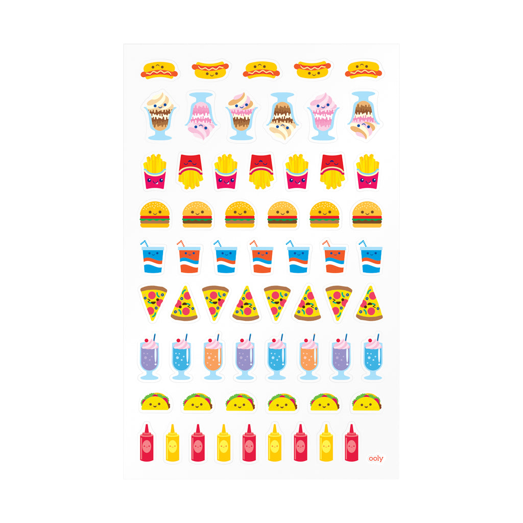 a set of stickers with various fast food items like pizza, hot dogs, hamburgers, and more