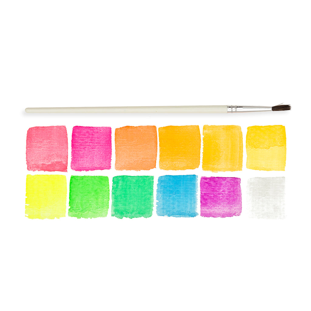 the paint brush next to 12 watercolor swatches