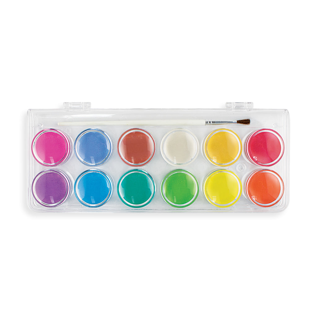 the plastic case showing 12 colors and a paint brush