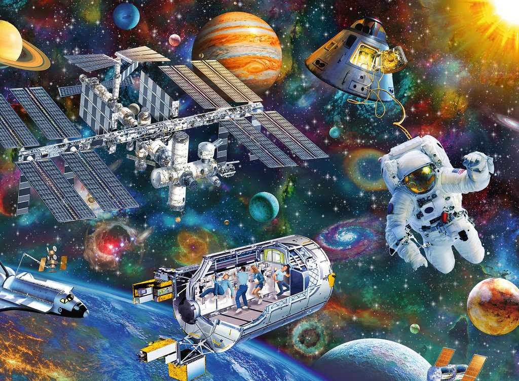 the puzzle art showing an astronaut, spacecraft, the international space station, planets and more against a colorful space backdrop