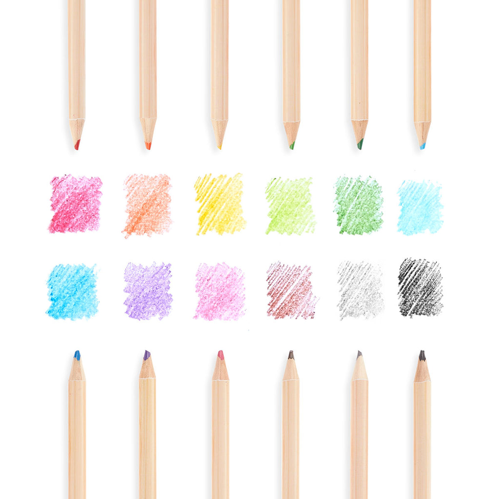 12 colored pencils and their color swatches on white paper