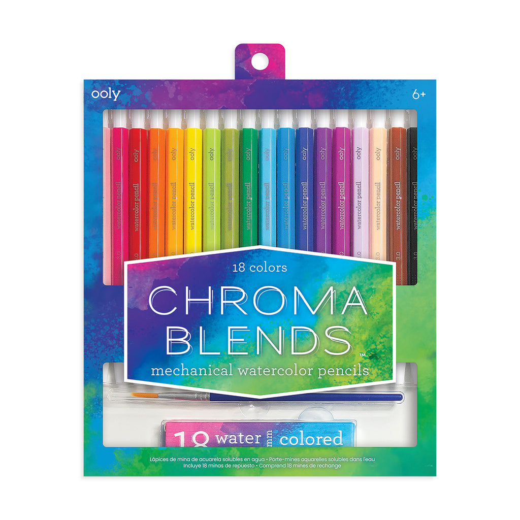 the package of mechanical watercolor pencils in various colors and a paint brush