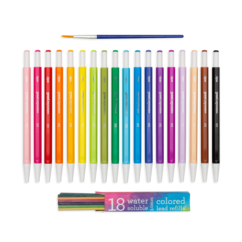 18 mechanical watercolor pencils, a paint brush, and lead refills