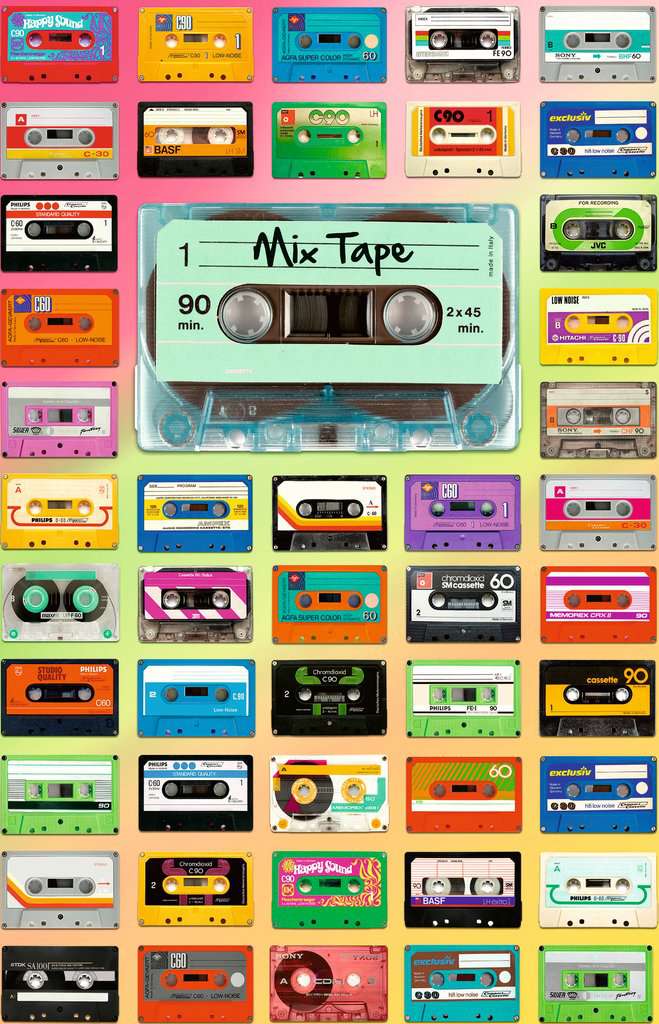 the puzzle art showing a variety of different colored styles of recordable cassette tapes from the 80s and 90s