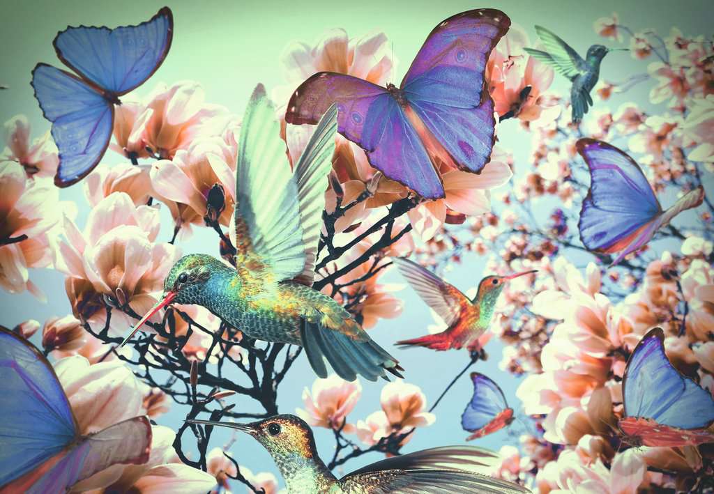 the puzzle art showing hummingbirds and butterflies