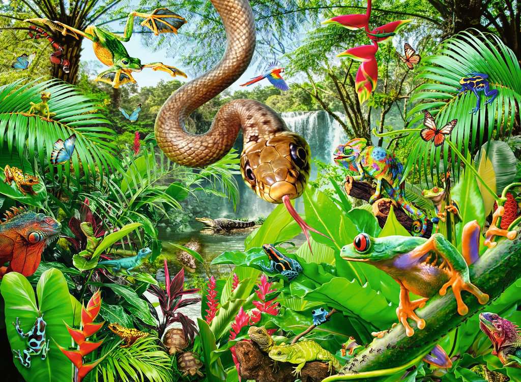 the puzzle art showing a snake nd various reptiles in a jungle setting