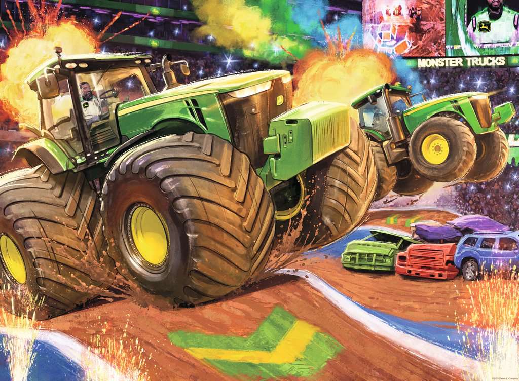 the puzzle art showing a monster truck john deere tractor