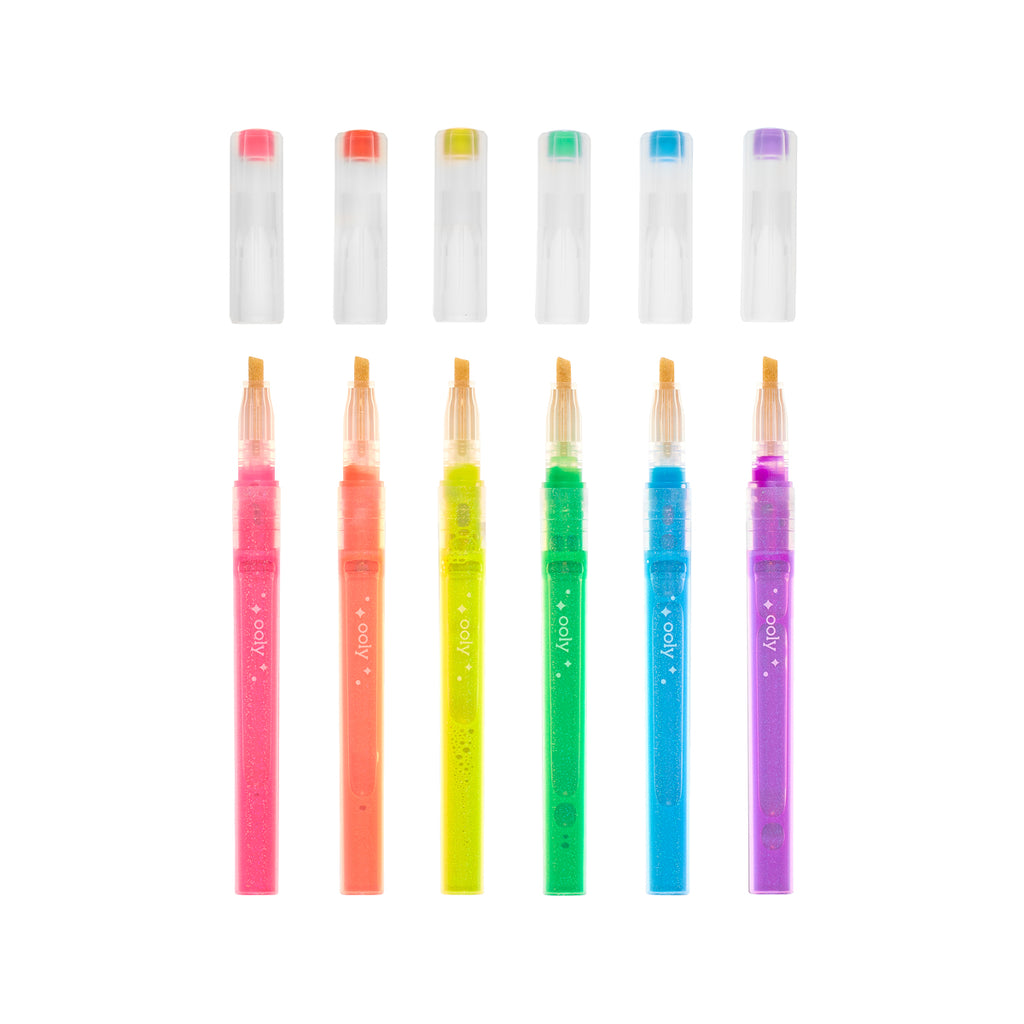the six highlighters with caps removed