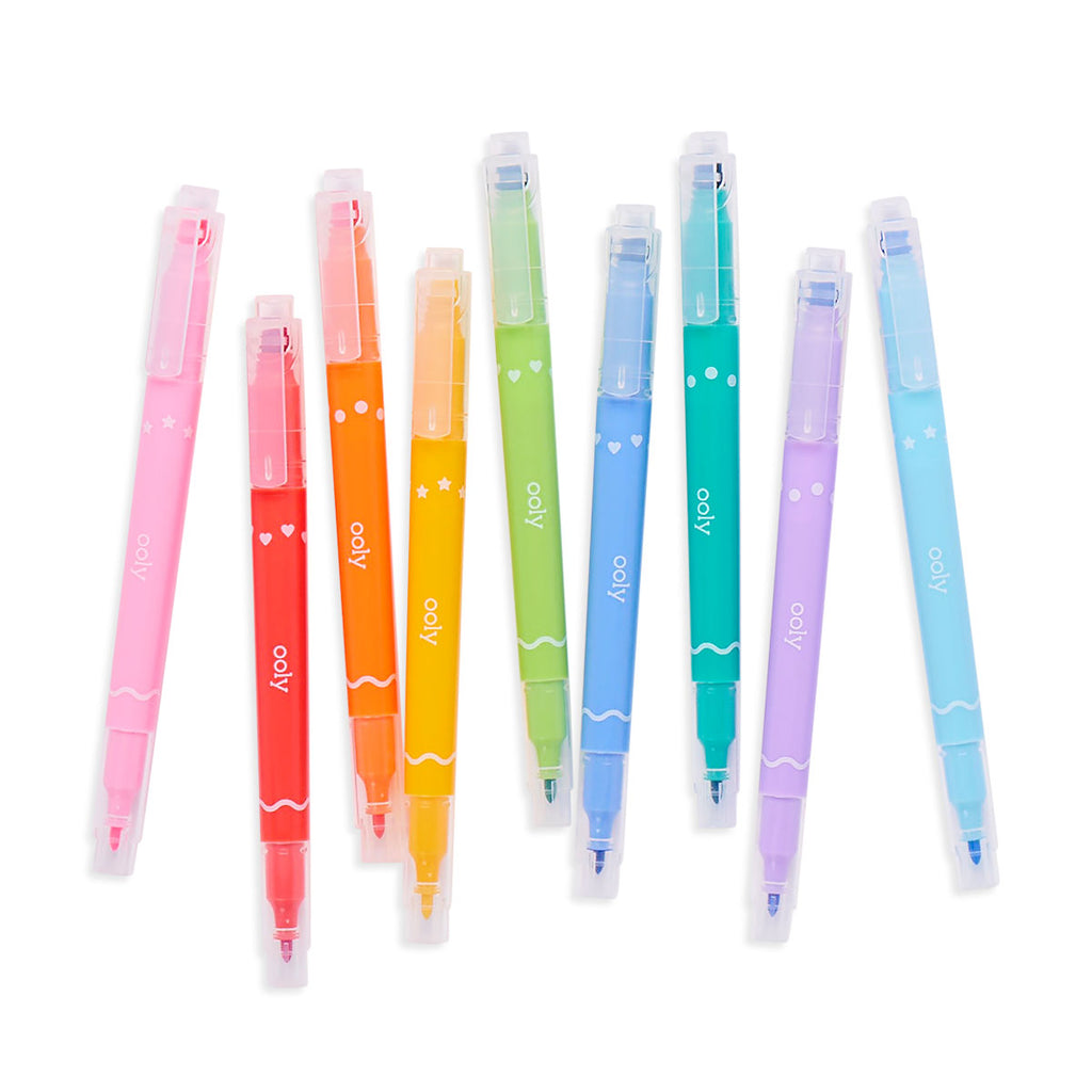 9 multicolored pens capped