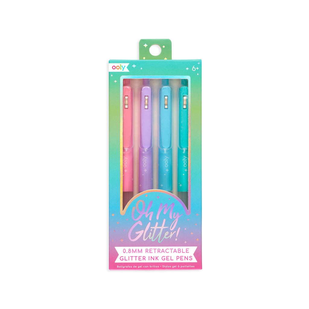 the pack of four retractable glitter ink gel pens in various colors