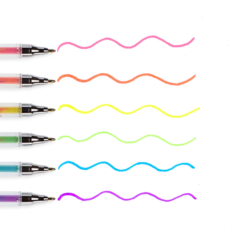 the six pens with their colored ink lines