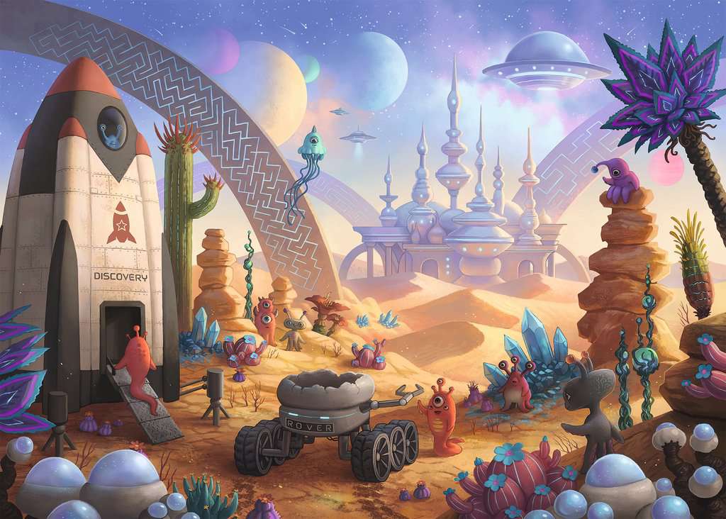 the puzzle art showing an alien planet scene with buildings, aliens, a rocket, rover, and alien plant life