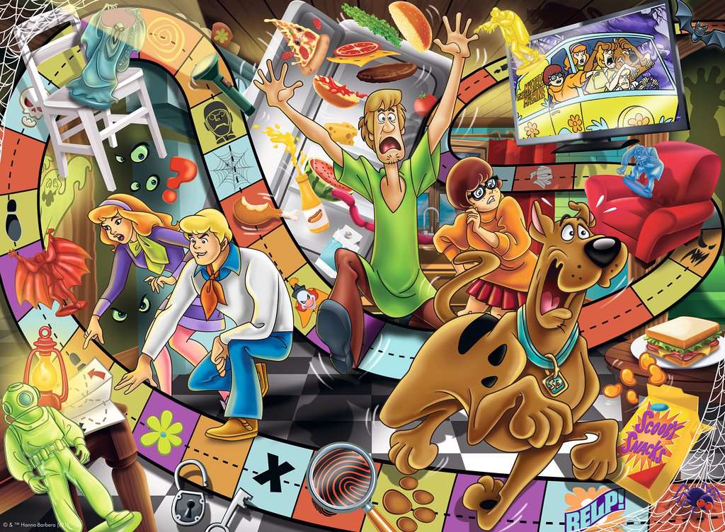 the art showing the scooby doo gang with various elements from the show by a board game track