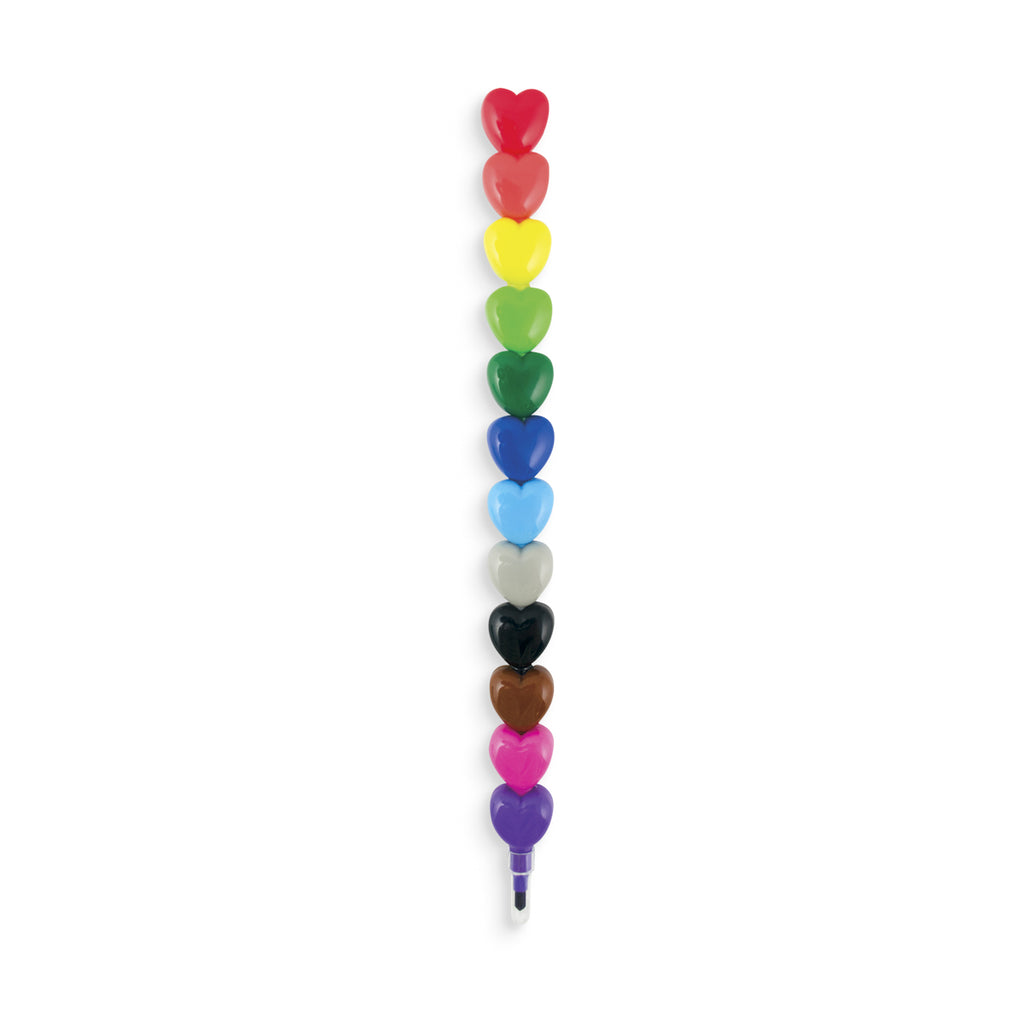 the 12 heart shaped crayons are stack on one another to form one long crayon