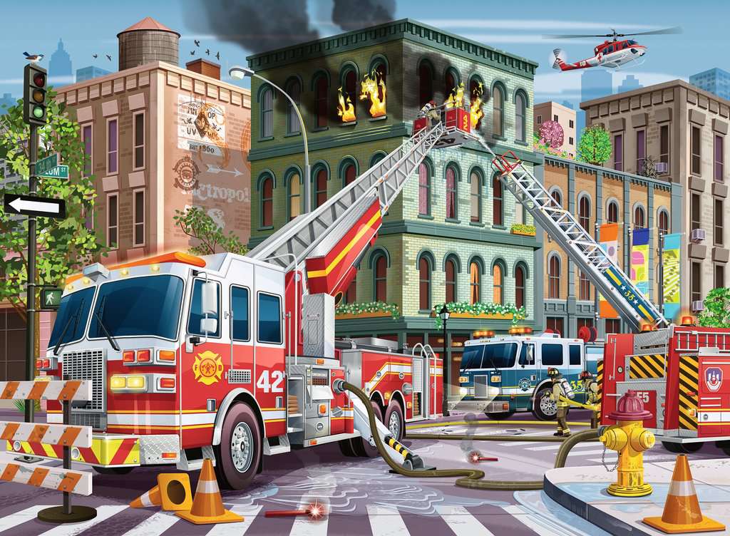 the puzzle art showing fire trucks putting out a fire on the top floor of an apartment building