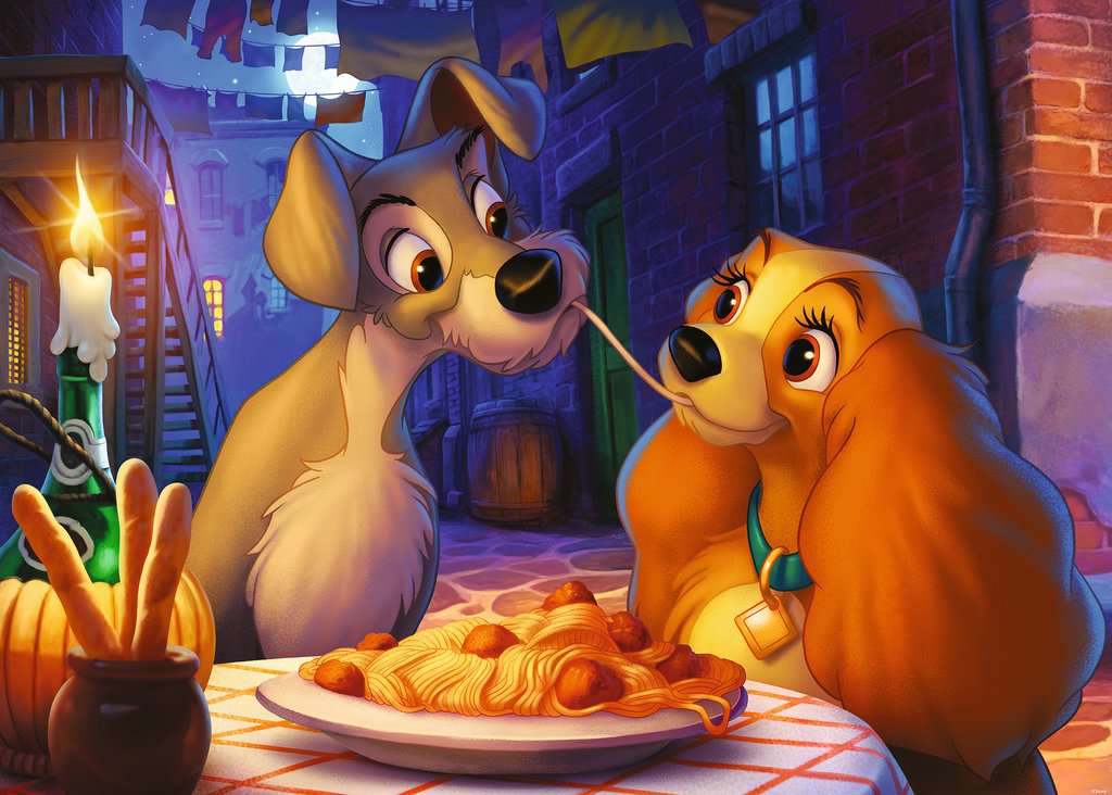 the puzzle art showing the scene from lady and the tramp where they're sharing a plate of spaghetti