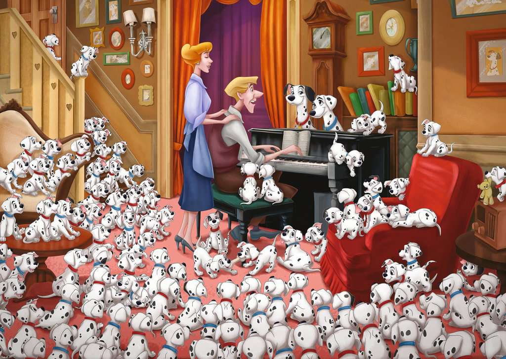 the puzzle art showing the dalmations sitting around their owners playing a piano