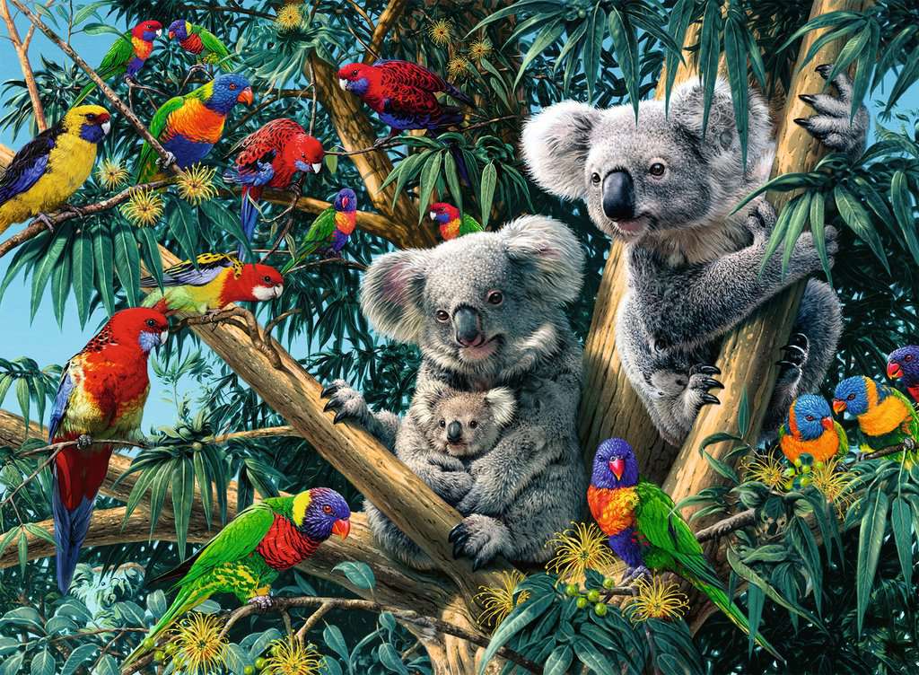 the puzzle art showing a family of koalas in a tree in a jungle