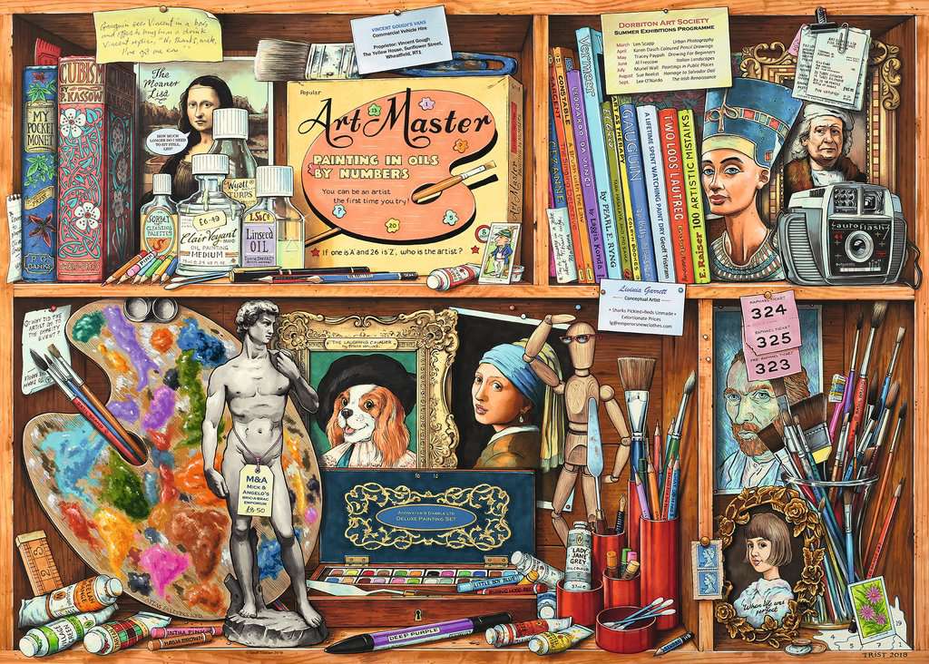 the puzzle art showing art supplies, books, and photos