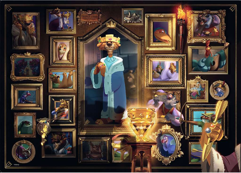 the puzzle art showing a collection of framed pieces of art featuring different characters from disney's robin hood