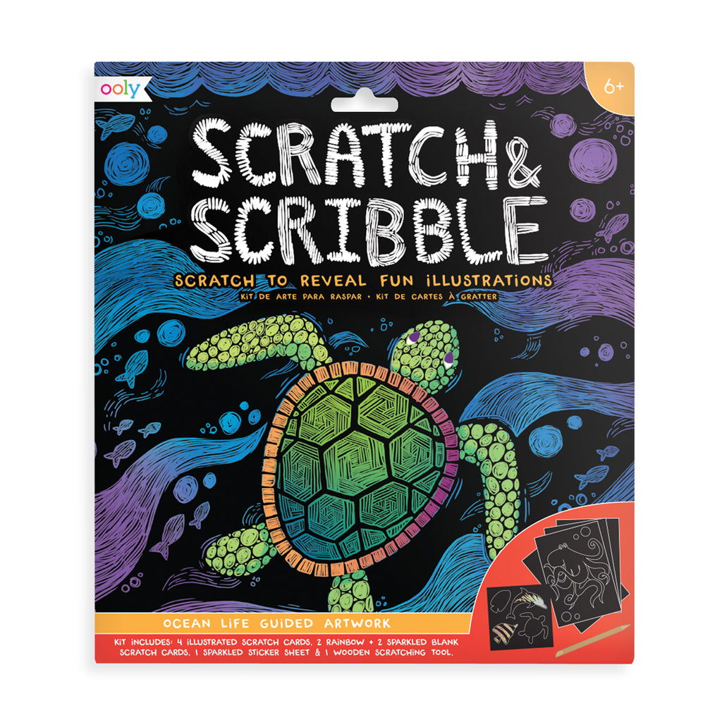 the cover showing a green turtle and blue and purple waves scratched out of a black scratch card