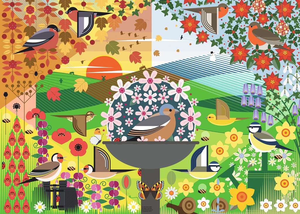 the puzzle art showing different birds and flowers in an illustrative style