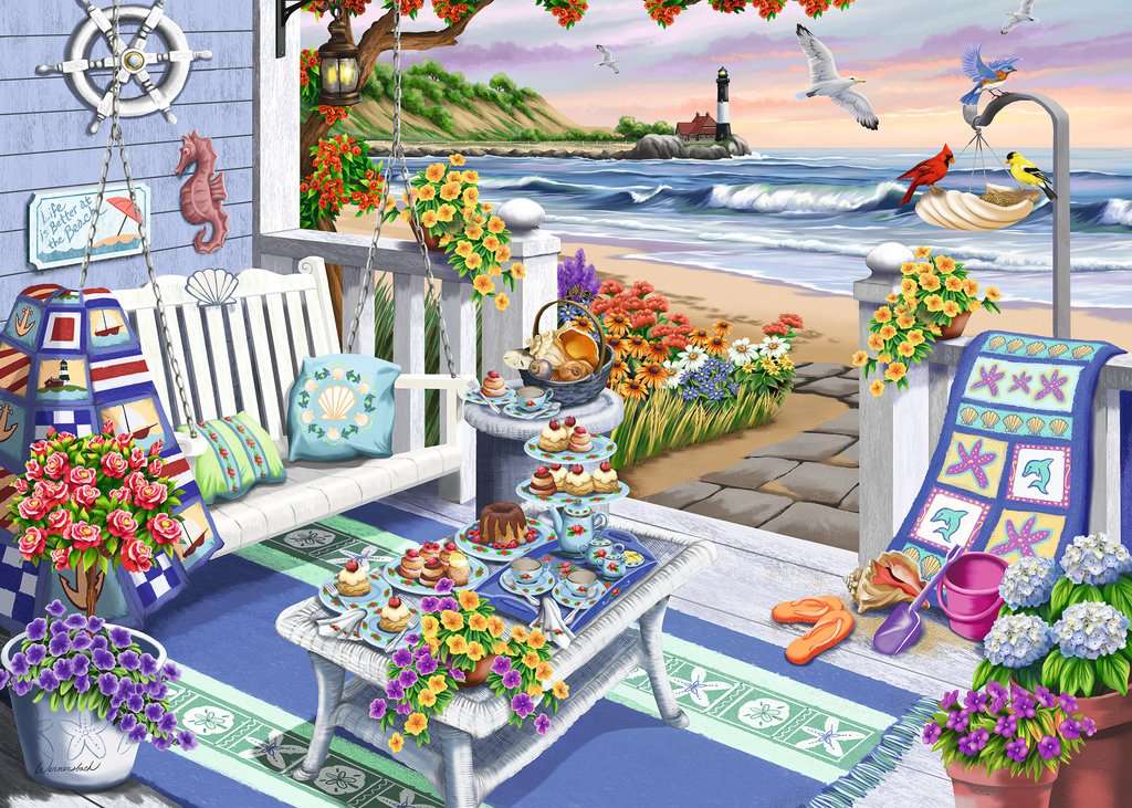 the puzzle art showing the porch of a house by the seaside