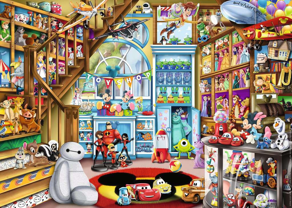 the puzzle art showing a toy store filled with disney toys