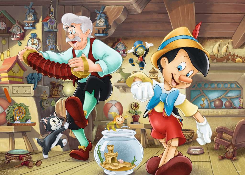 the puzzle art showing pinocchio and gepetto in his puppet shop