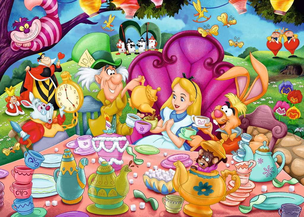 the puzzle art showing alice at the mad hatter's tea party