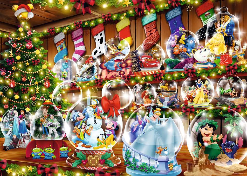 the puzzle art showing a christmas tree and snowglobes filled with disney characters