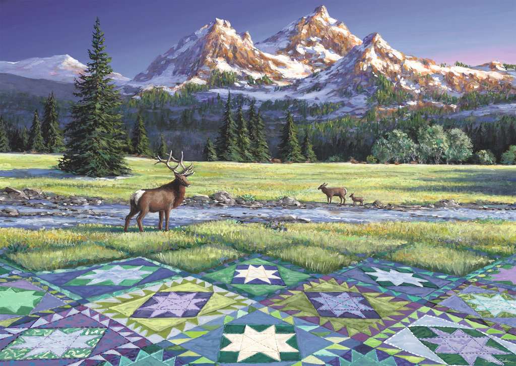 the puzzle art showing a quilt in the foreground morphing into a landscape with mountains