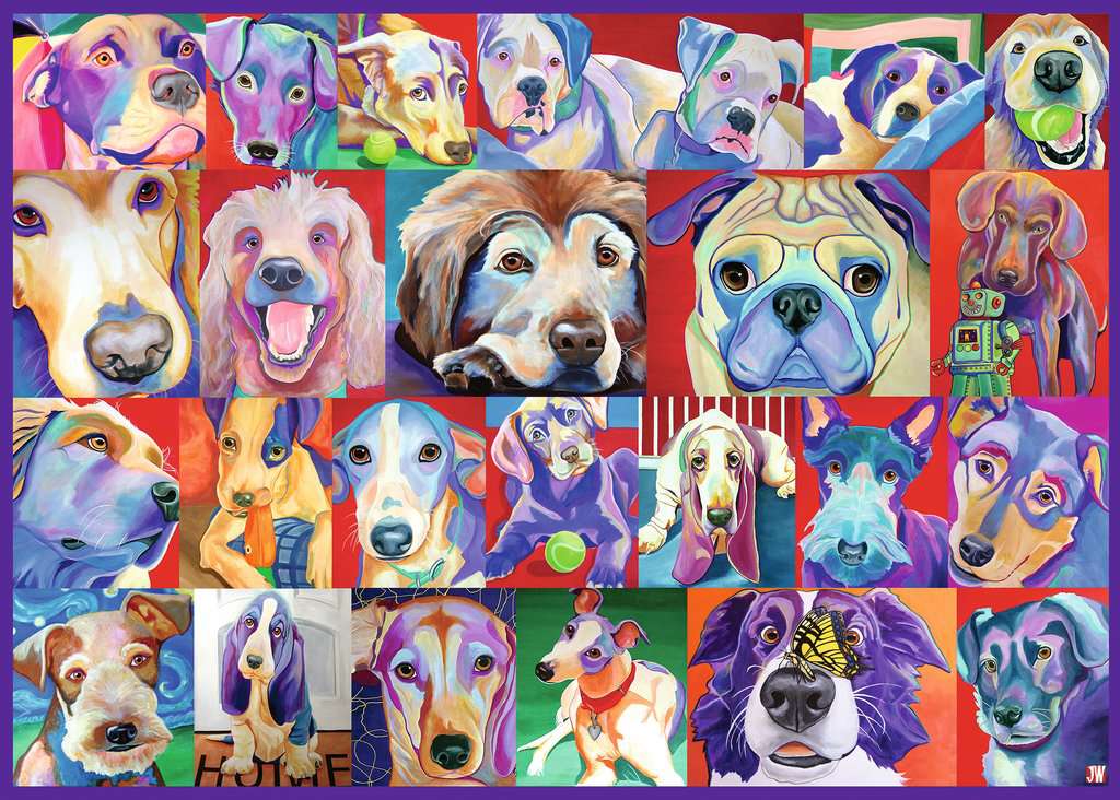 the puzzle art showing a collection of dogs in a pop art style