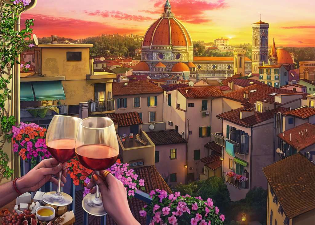 the puzzle art showing the perspective of people clinking wine glasses on a terrace overlooking a historic city