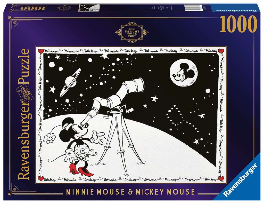 the puzzle box showing puzzle art of minnie mouse looking at mickey mouse's face on the moon through a telescope