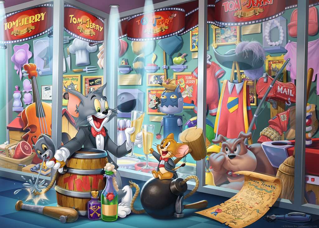 the puzzle art showing tom and jerry by a glass case with moments from their show